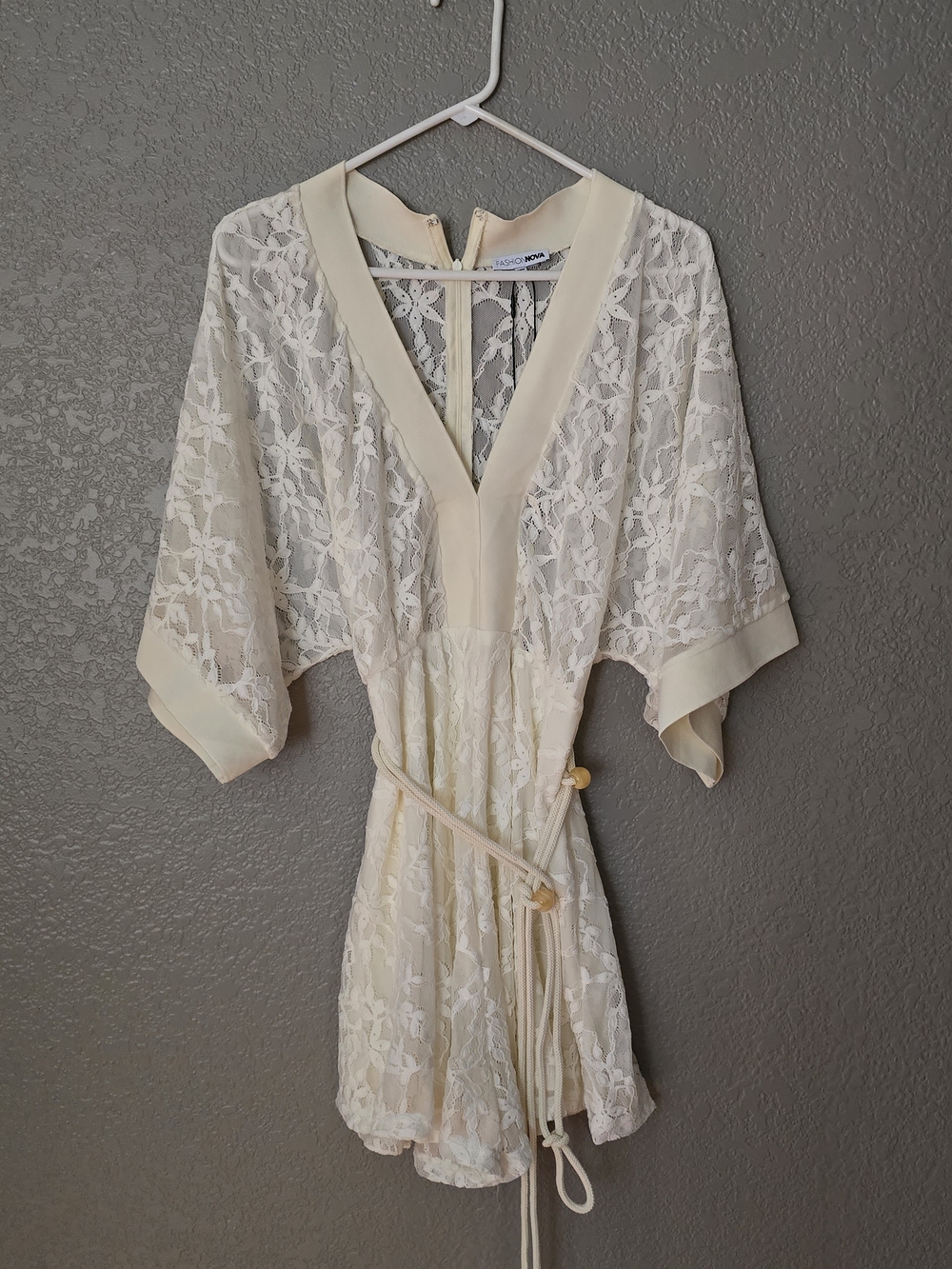 Fashion Nova Cream Lace Kimono Romper